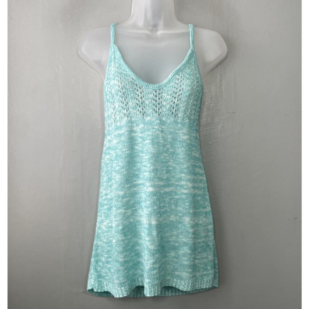Sleeveless Sweater Knit Tank Juniors Size Large Aqua Crochet Beachy Summer Y2K